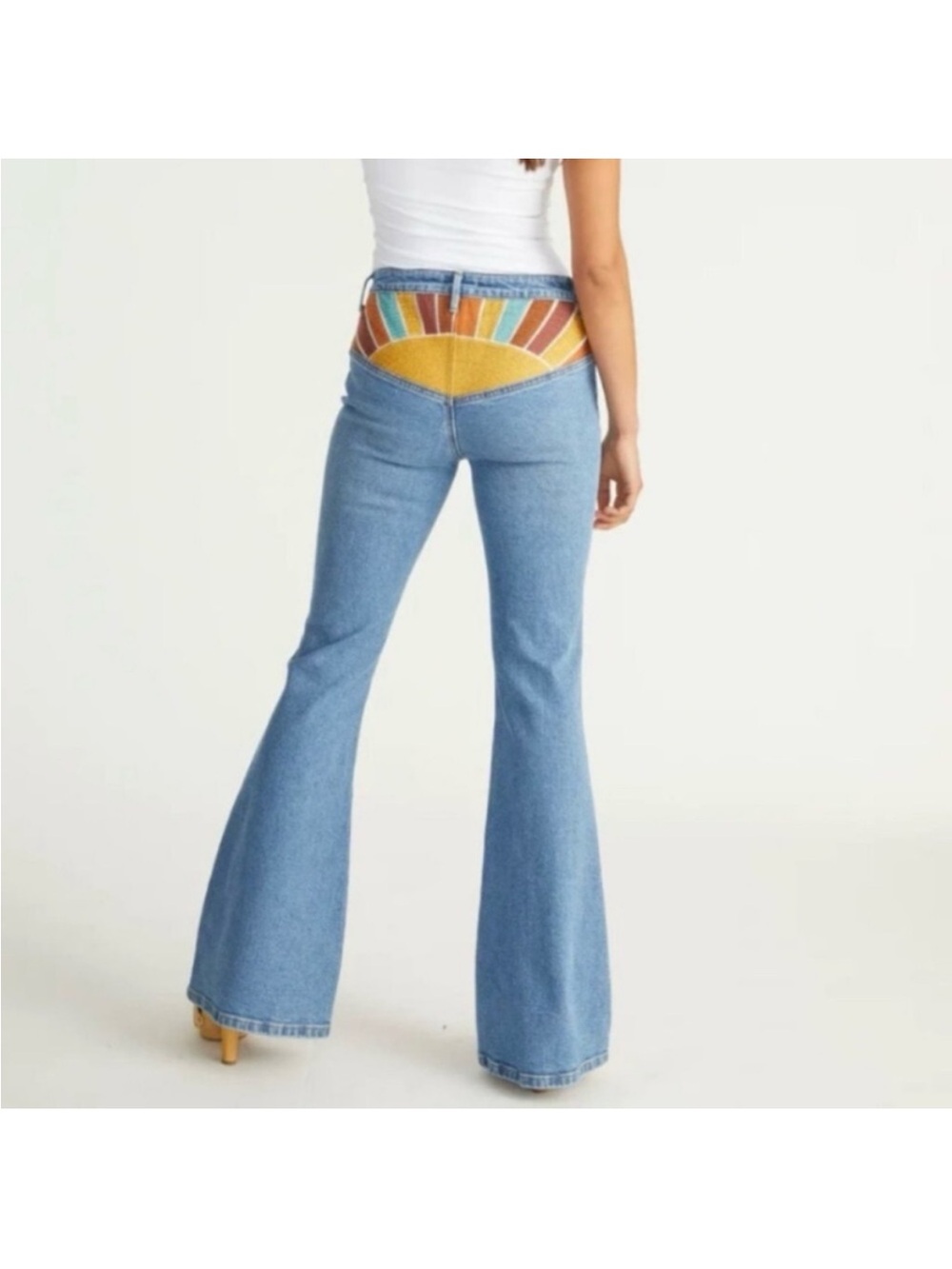 DRIFTWOOD Light Blue Flare Jeans with Multicolor Embroidered Back Yoke